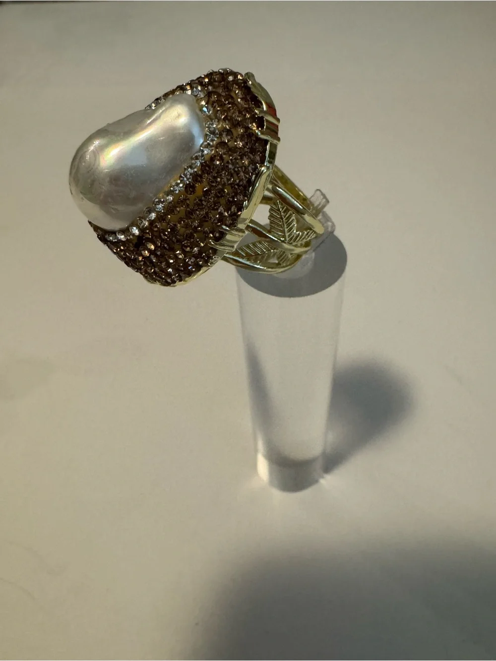 Baroque Pearl Statement Ring with Brown Crystal Pavé
